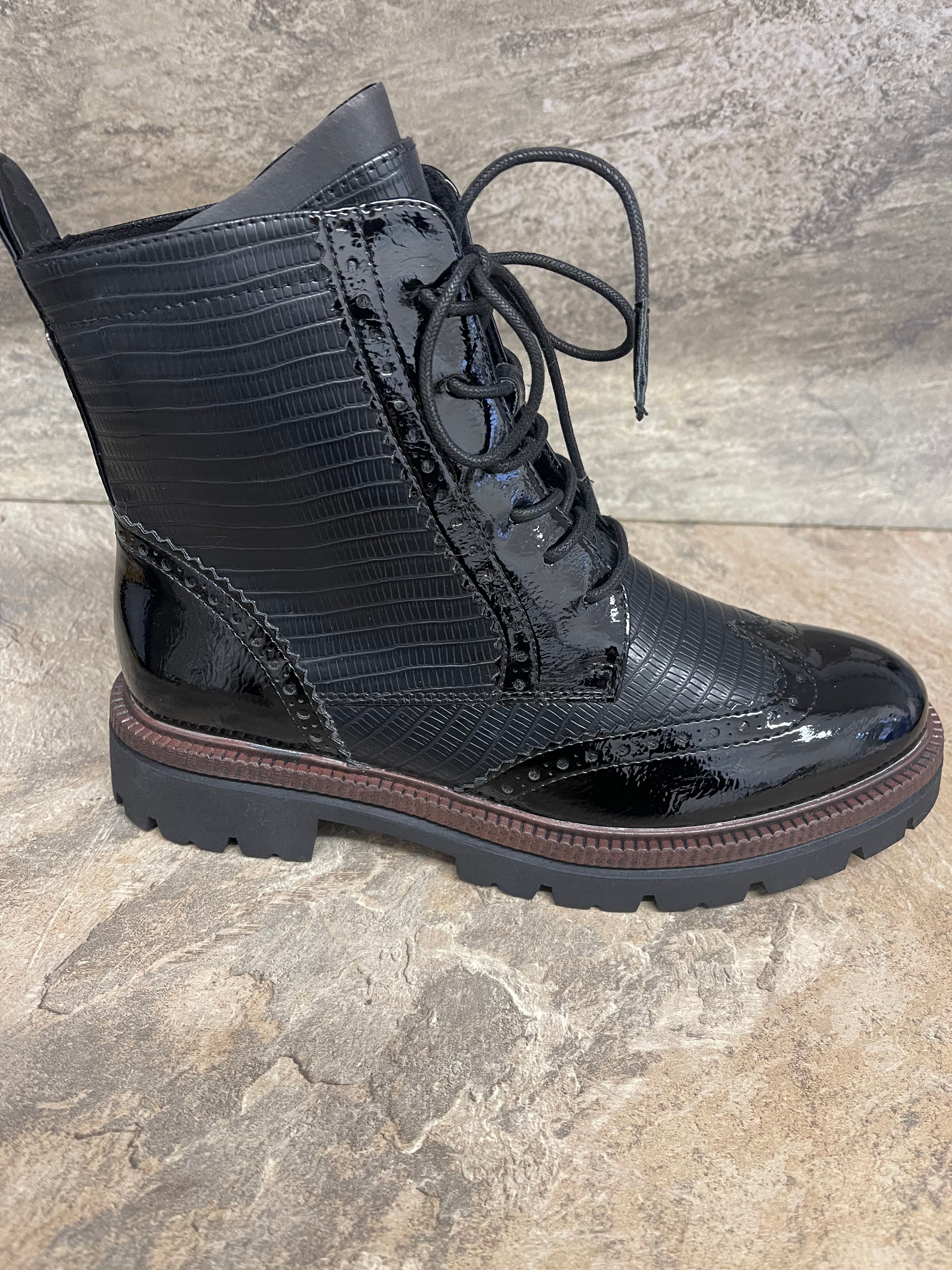 Marco tozzi patent best sale boots