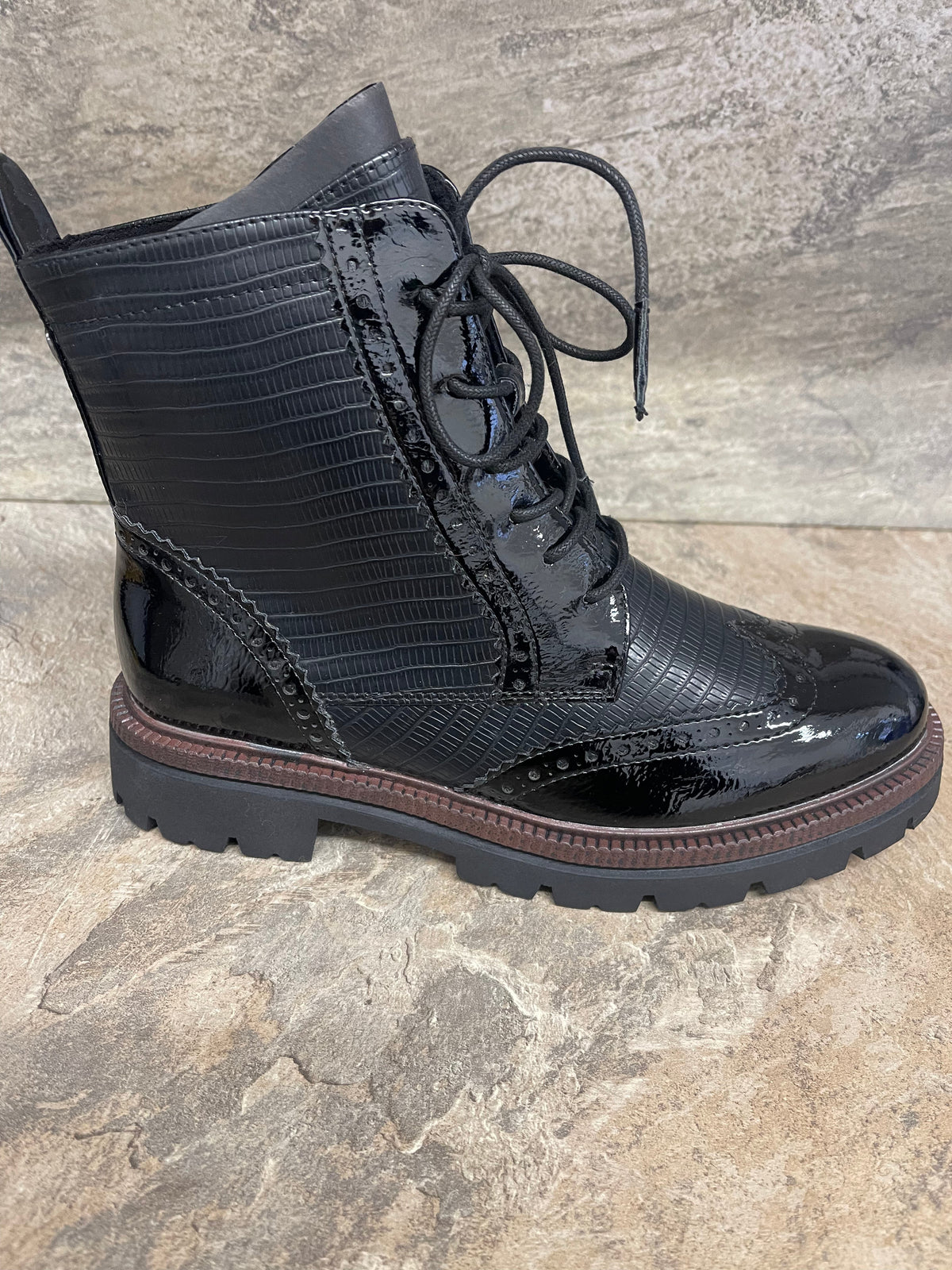 Marco Tozzi black ankle boot with patent brogue detail sizes 4-9