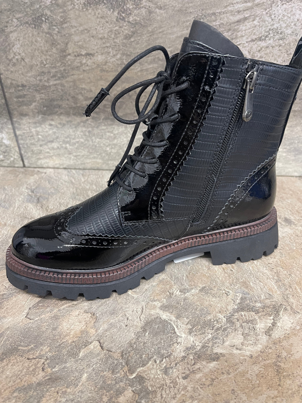 Marco Tozzi black ankle boot with patent brogue detail sizes 4-9