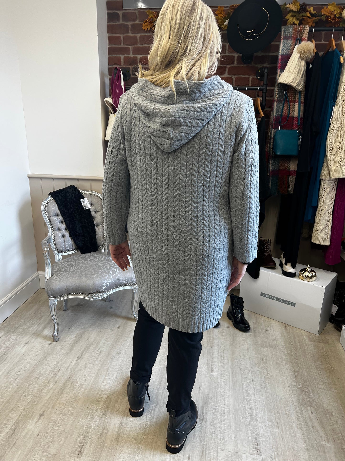 Saloos grey cable knit hooded coatigan sizes 12-18