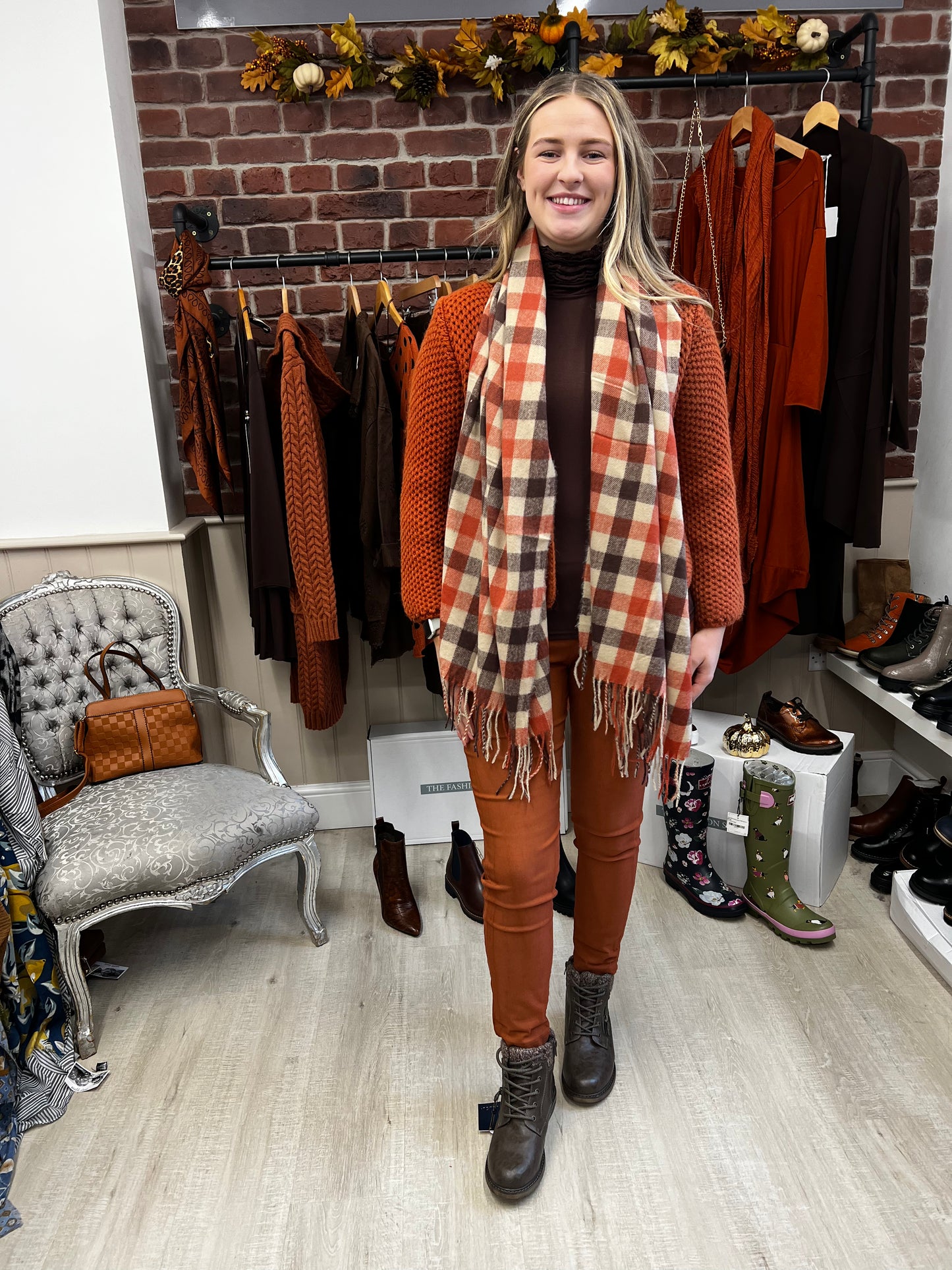 Rust brown and cream checked scarf
