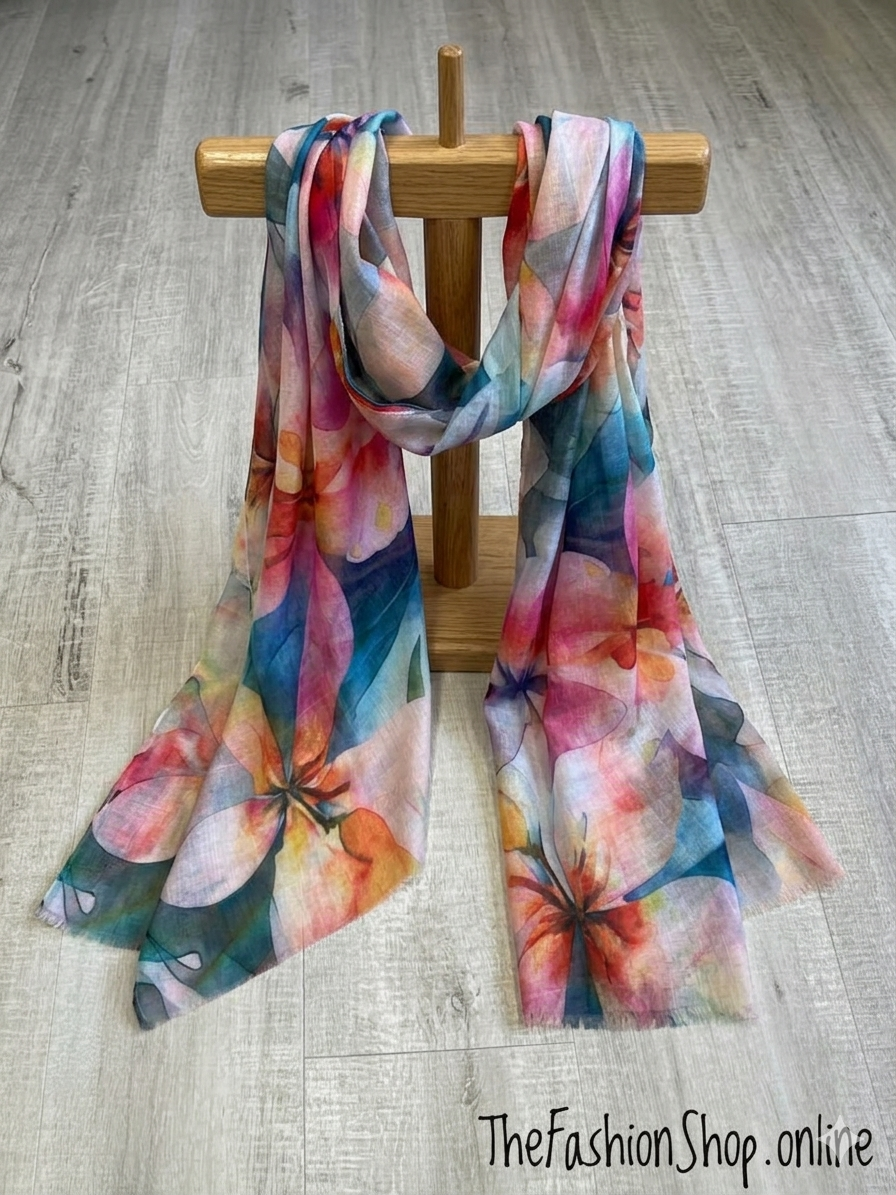 Red Cuckoo bright watercolour flowers scarf