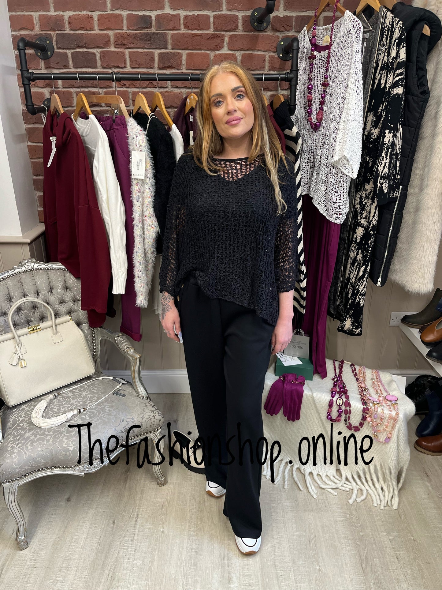 Black popcorn open knit top 10-20