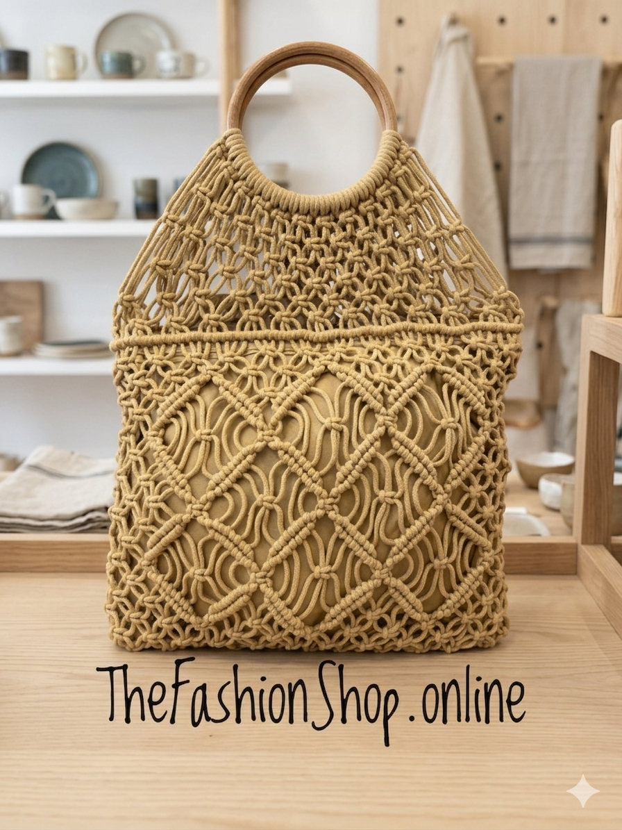Lottie camel macrame bag with wooden handles