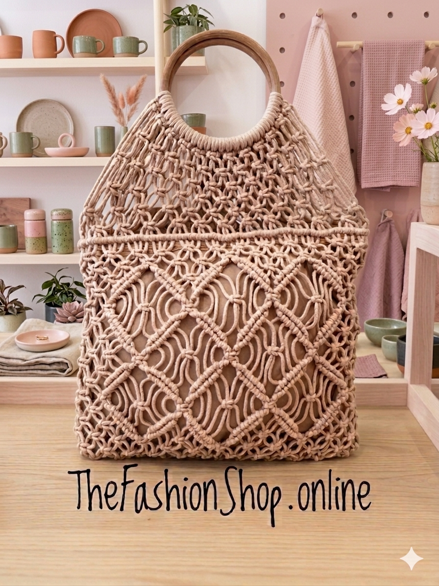 Lottie pink macrame bag with wooden handles