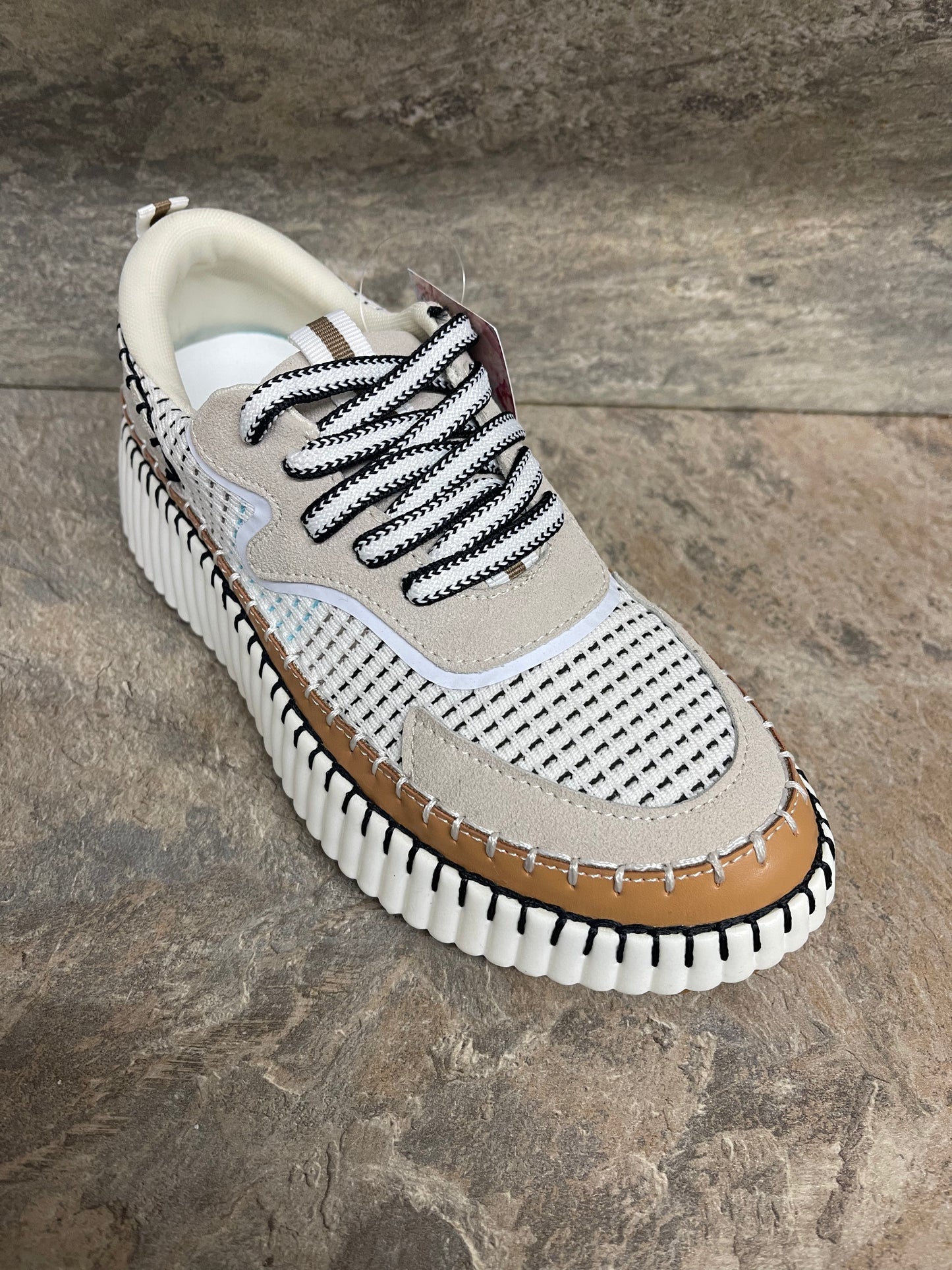 Beige stitched lace up platform trainers sizes 3-8