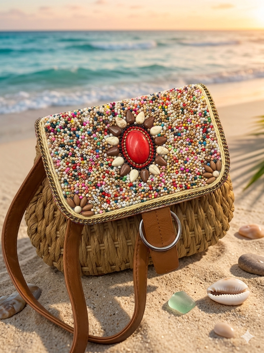 The Moroccan Natural Beaded Straw crossbody Bag