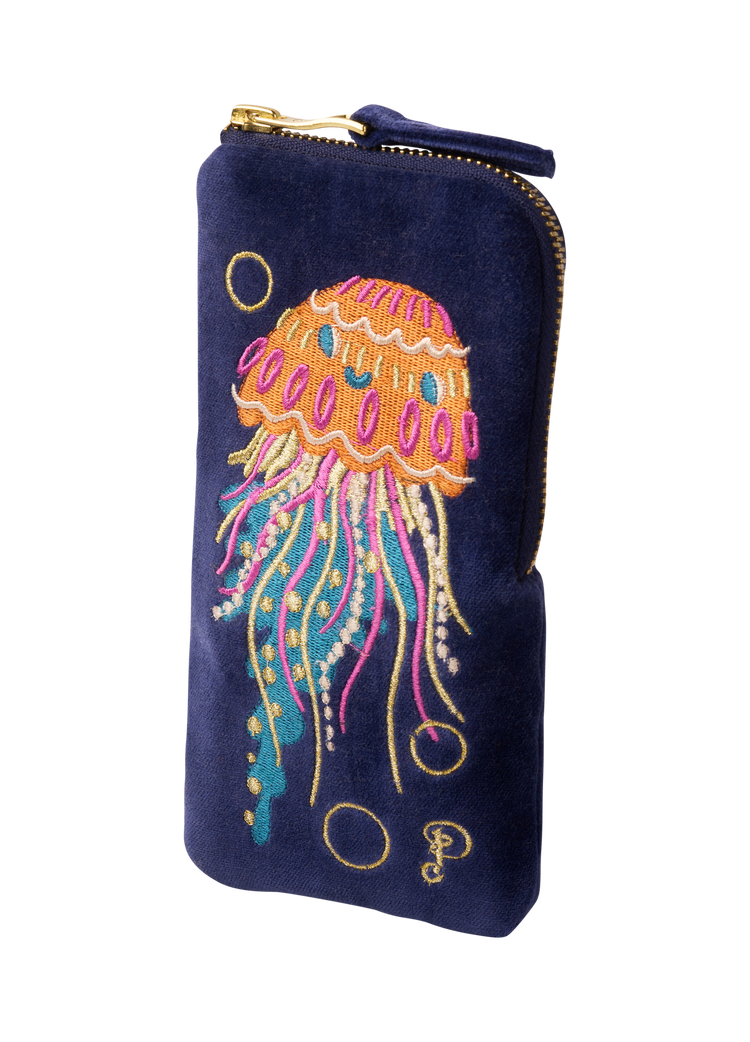 Powder Velvet Embroidered Spectacle Pouch with Jelly Fish Design