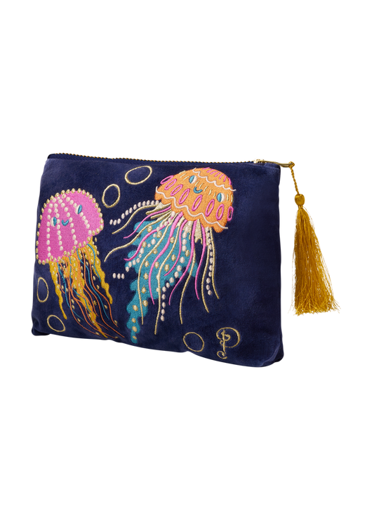 Powder Velvet Embroidered Zip Pouch with Jelly Fish Design Cosmetic Bag