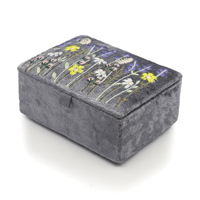 Pom Embroidered Velvet Small Jewellery Box With Vintage Style Embroidery