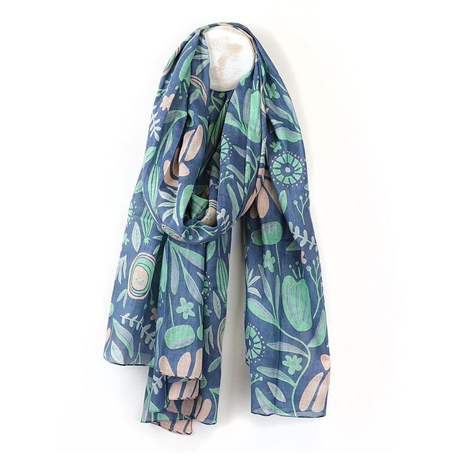 Pom Teal Blue Meadow Abstract Print Organic Scarf