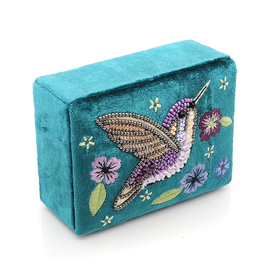 Pom Embroidered Teal Velvet Small Jewellery Box With Hummingbird Embroidery