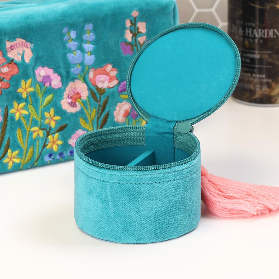 Pom Turquoise Mix Velvet Trinket Box  with Summer Meadow Embroidery