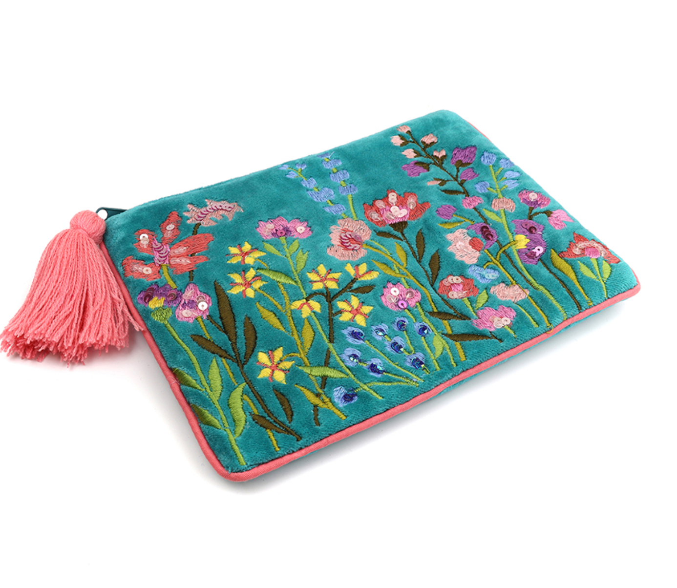 Pom Turquoise Mix Velvet Zip Pouch with Summer Meadow Embroidery Cosmetic Bag