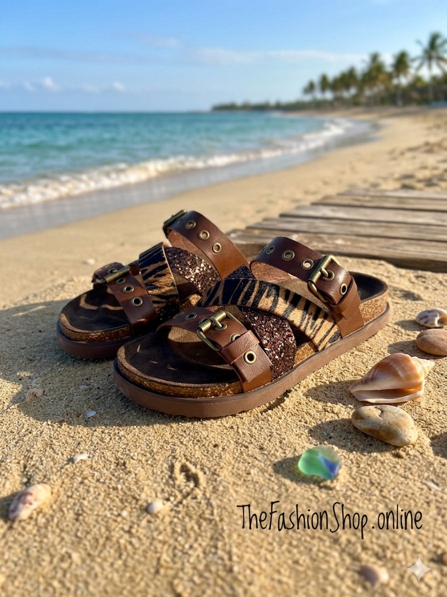Orla brown and zebra print sliders sizes 3-8 (36-41)