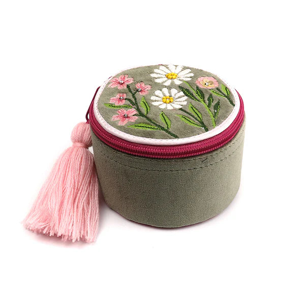 Pom  Sage Green and Pink Mix Velvet Trinket Box With Meadow Embroidery