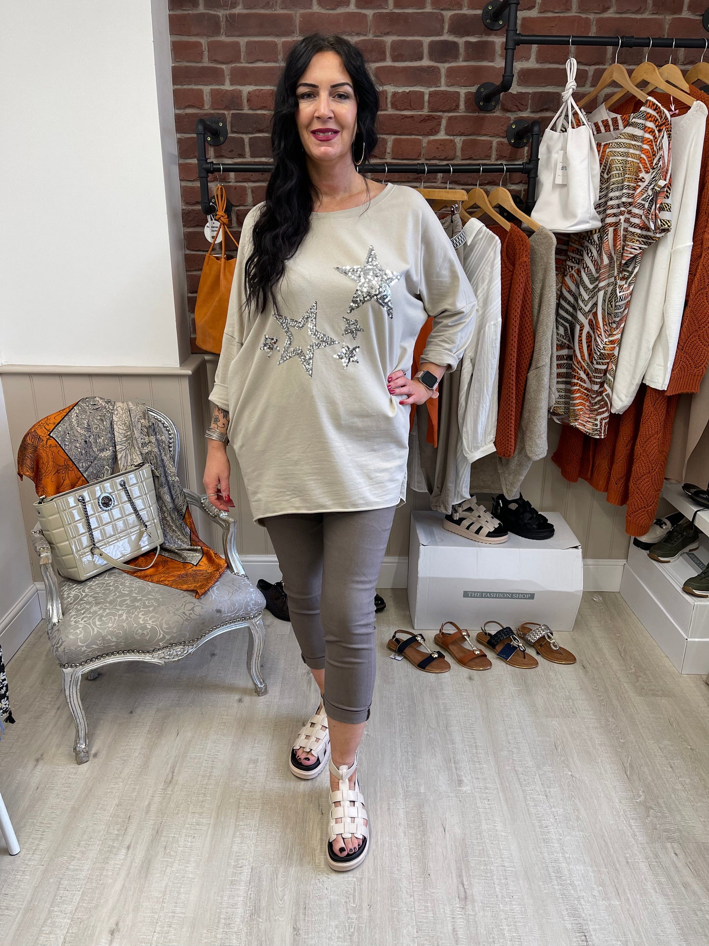 Beige multi star dipped hem sweatshirt 12-18