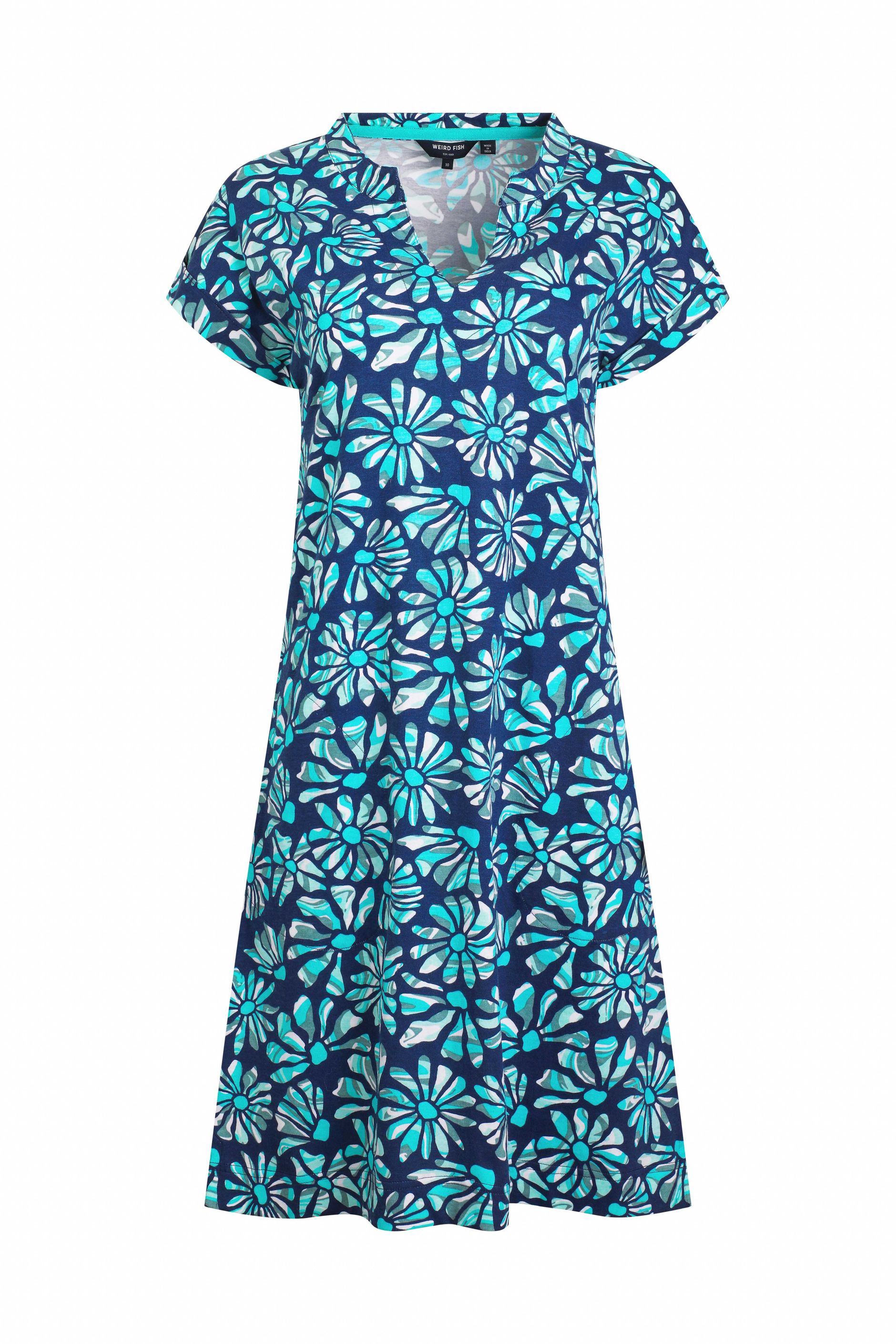 Weird Fish Tallahassee Organic Jersey Dress – Night Blue, Floral, Knee-Length With Pockets – Women's Size 8-22