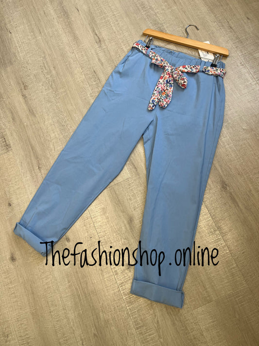 Blue classic magic trousers with floral belt 10-16 and 18-22