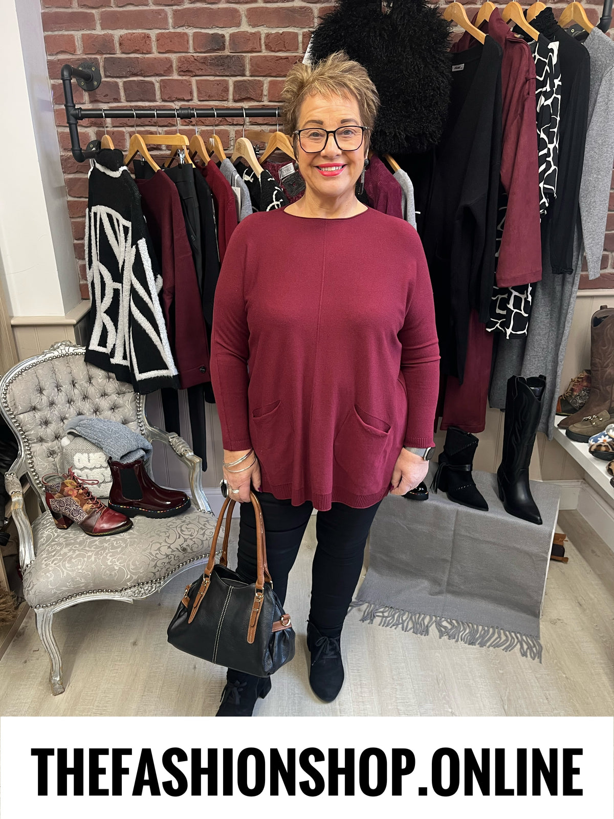Ellie wine fine knit pocket jumper 14-22