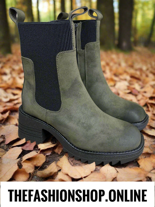 Khaki chunky Chelsea boot with zip sizes 3-8