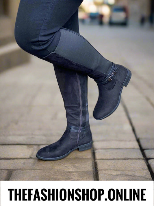 Black mock suede knee length boot 3-8
