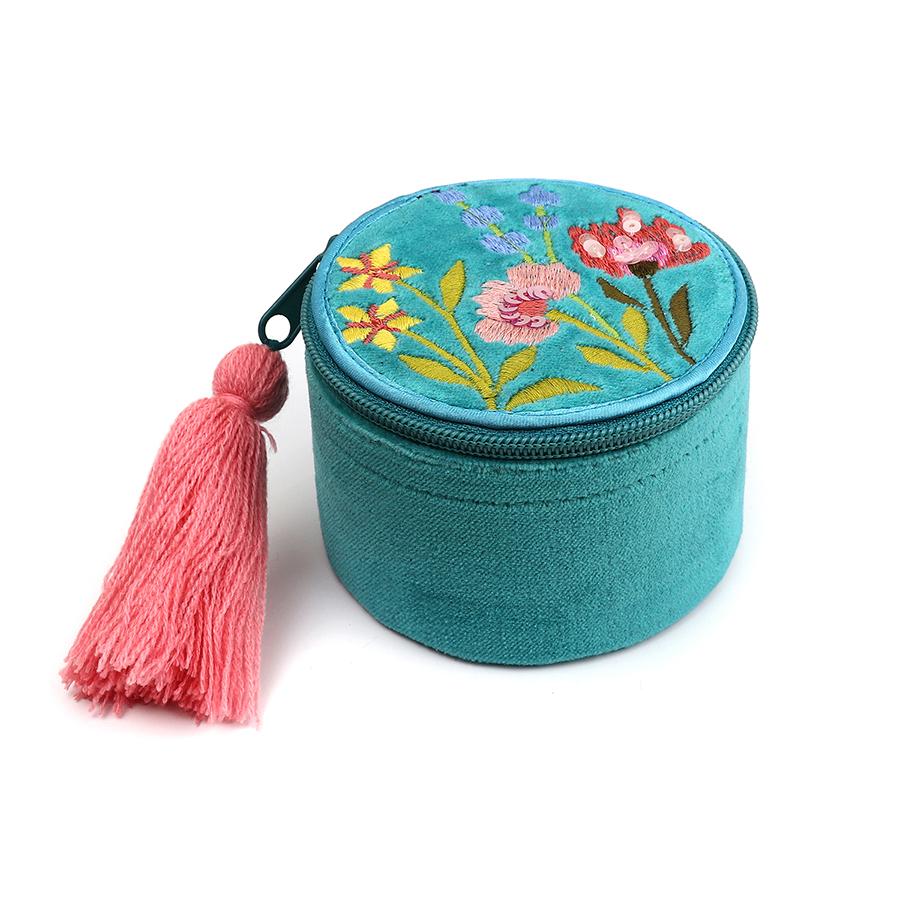 Pom Turquoise Mix Velvet Trinket Box  with Summer Meadow Embroidery