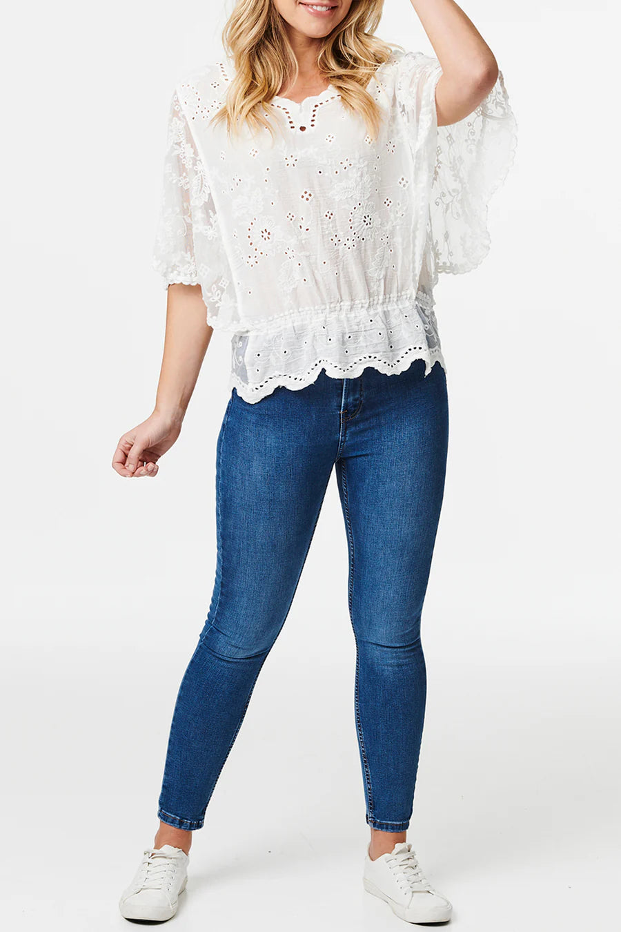 Stella Morgan broderie anglaise white peplum blouse sizes 8,10,12
