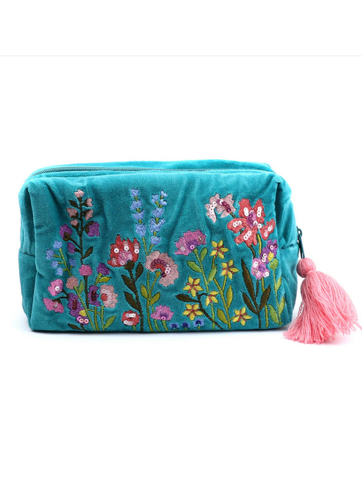Pom Turquoise Mix Velvet Washbag with Summer Meadow Embroidery Cosmetic Bag