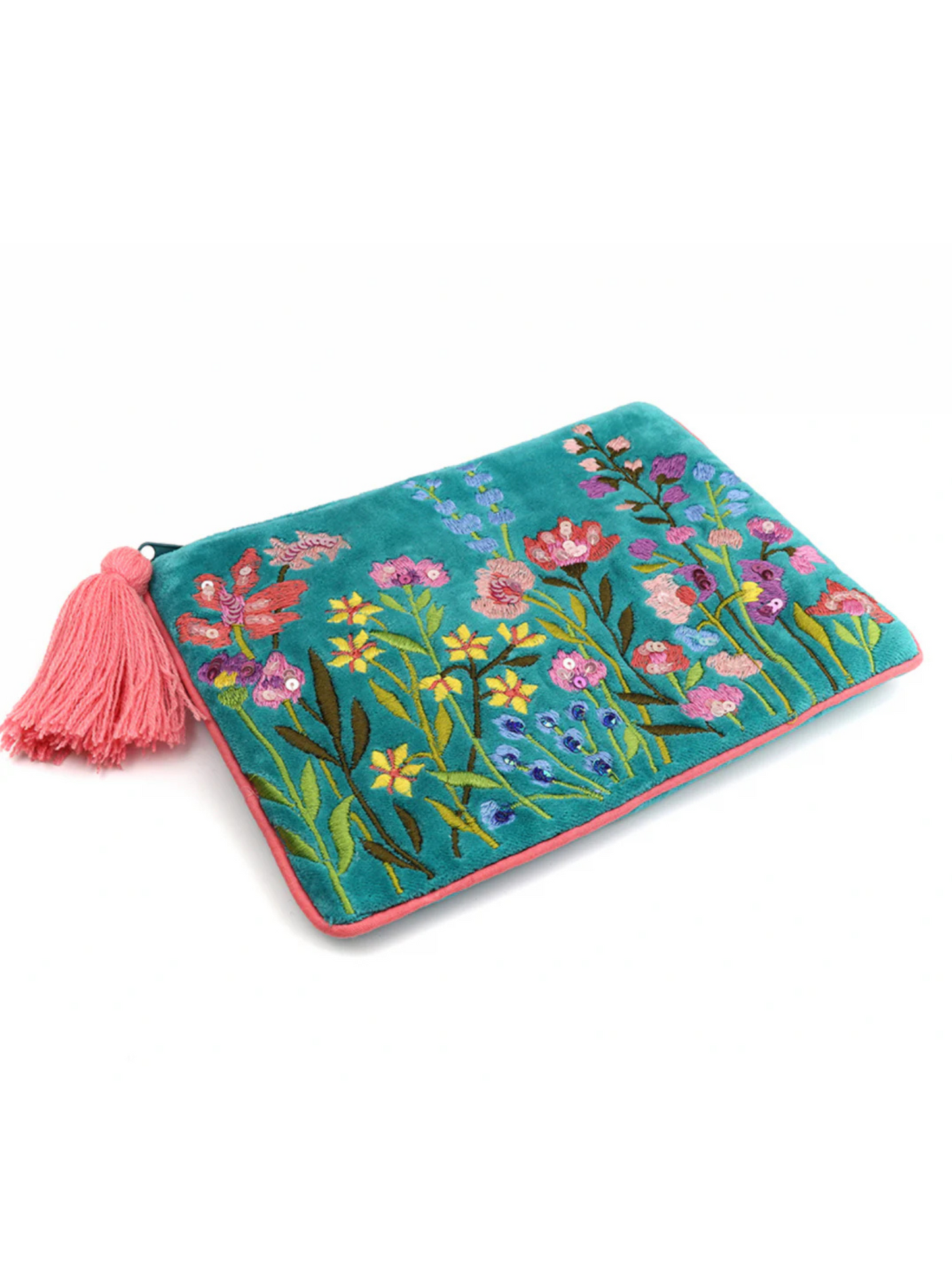 Pom Turquoise Mix Velvet Zip Pouch with Summer Meadow Embroidery Cosmetic Bag