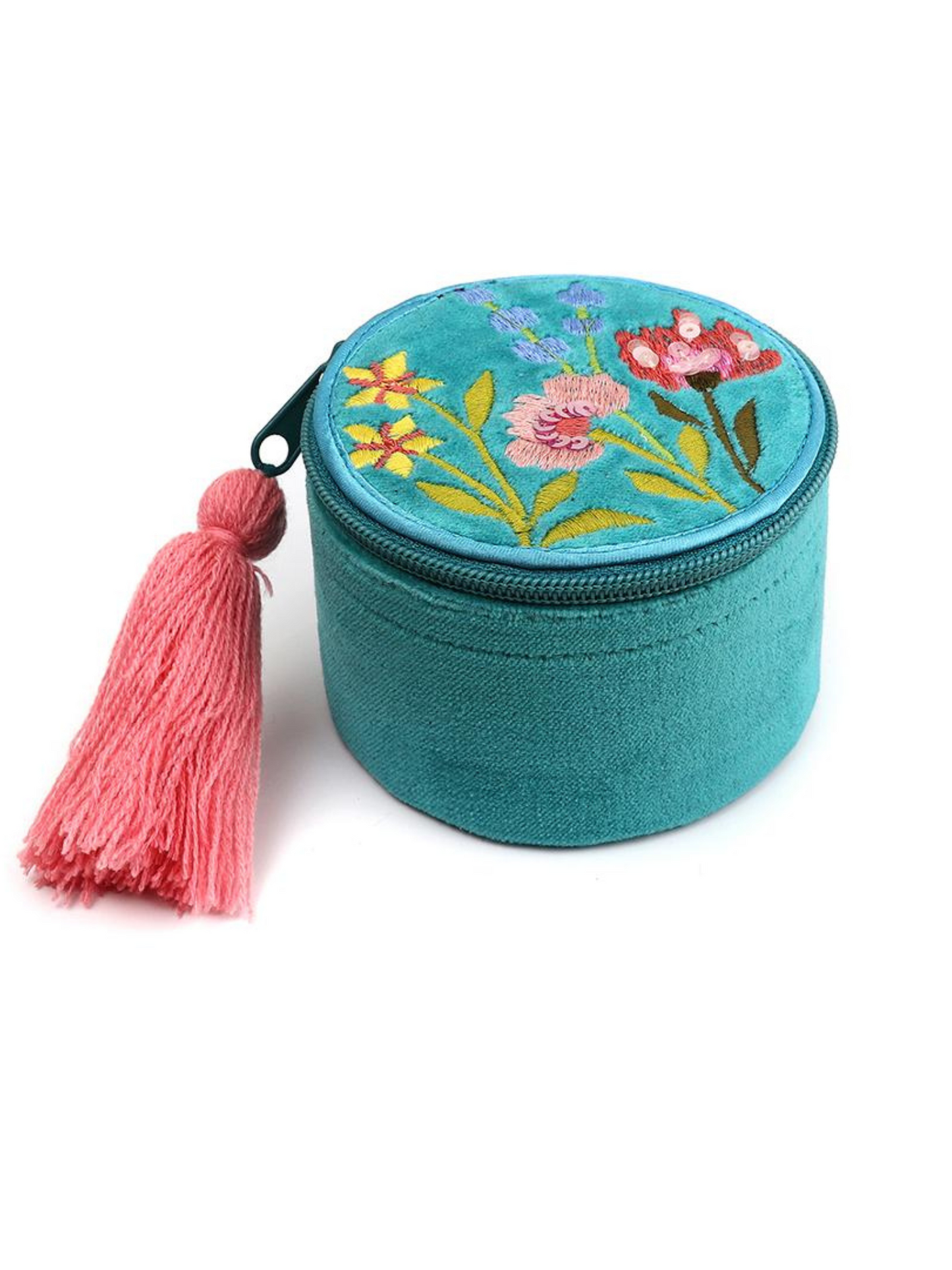 Pom Turquoise Mix Velvet Trinket Box  with Summer Meadow Embroidery