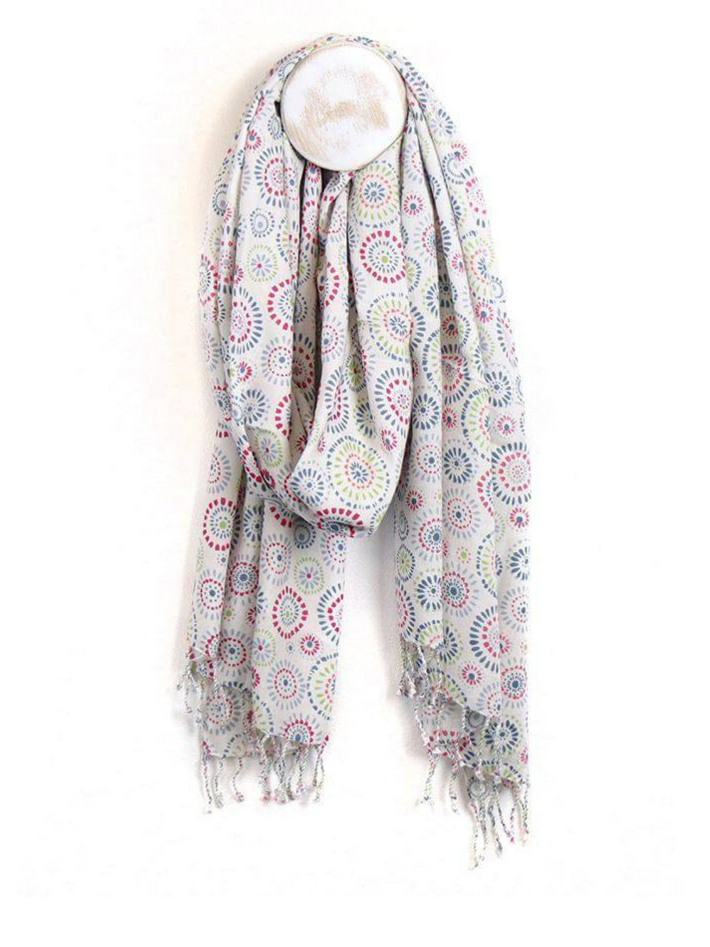 Pom Multi Dotted Circles Print on Soft Modal Scarf with Twist Tassel