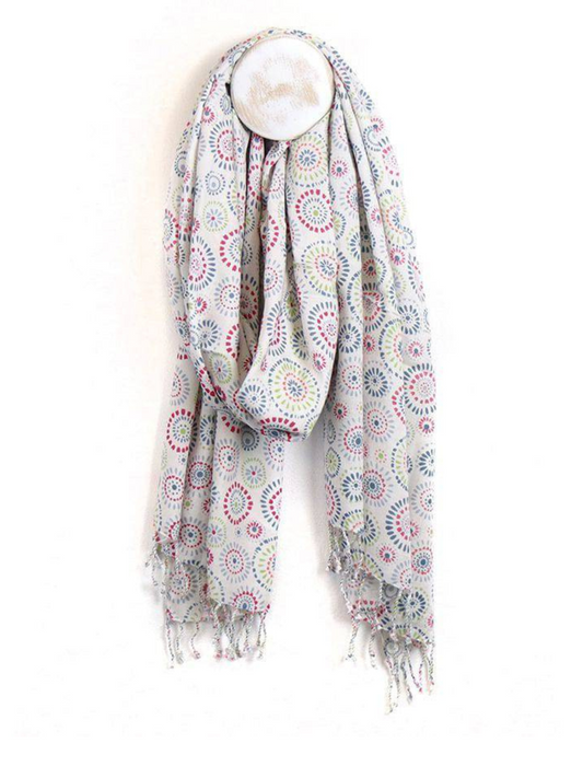 Pom Multi Dotted Circles Print on Soft Modal Scarf with Twist Tassel