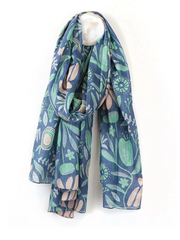 Pom Teal Blue Meadow Abstract Print Organic Scarf