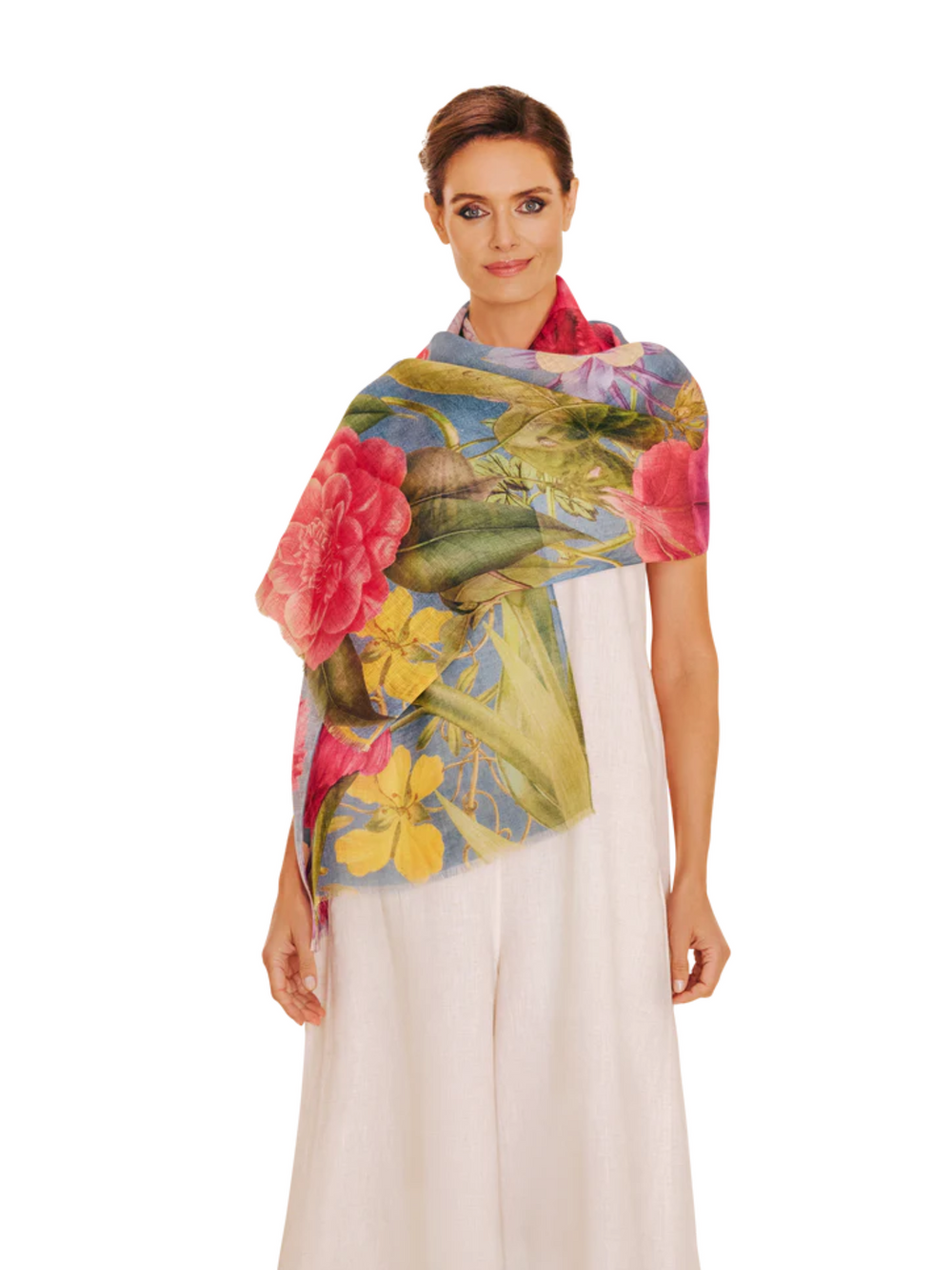 Powder Floral Study Scarf in cotton and linen Denim