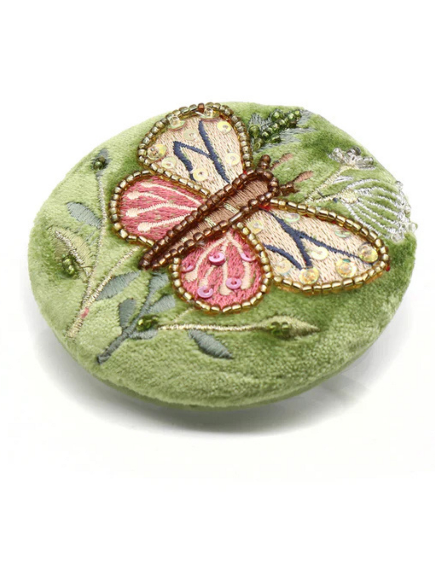 Pom Green Velvet Embroidered Butterfly Mirror