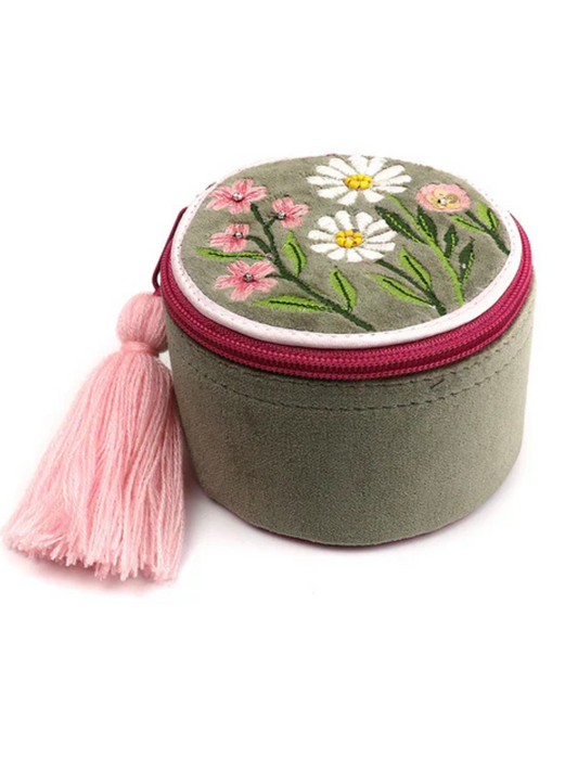 Pom  Sage Green and Pink Mix Velvet Trinket Box With Meadow Embroidery