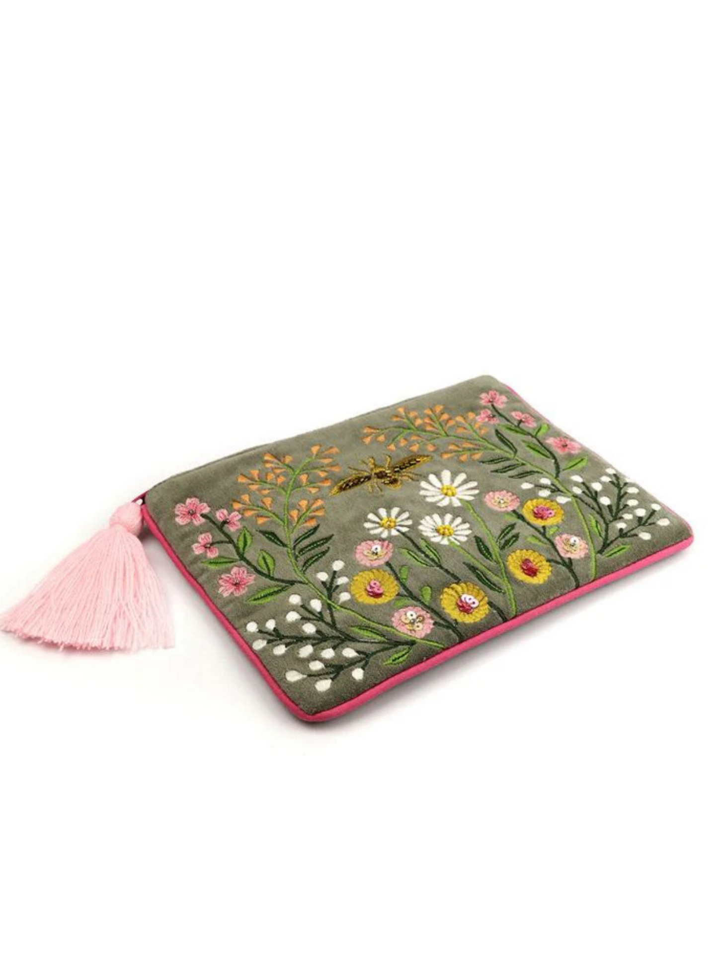 Pom Sage Green and Pink Mix Velvet Pouch with Meadow Embroidery Cosmetic Bag