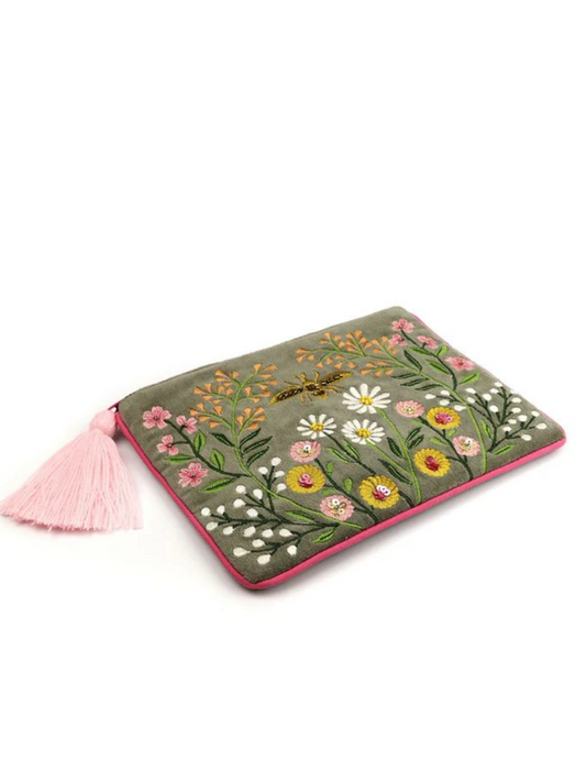 Pom Sage Green and Pink Mix Velvet Pouch with Meadow Embroidery Cosmetic Bag