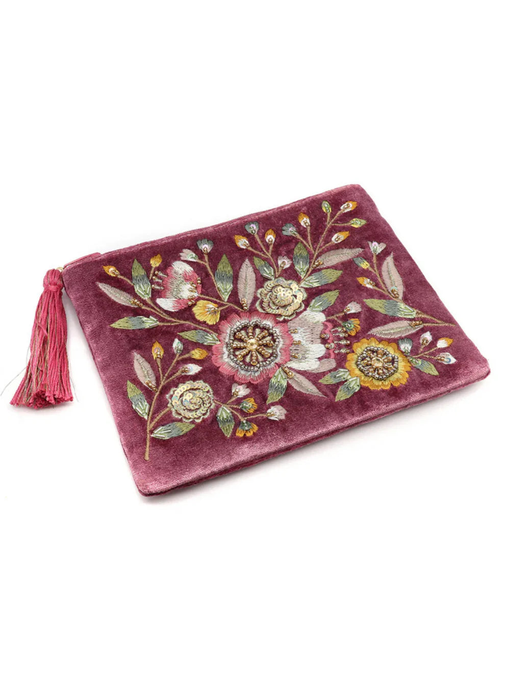 Pom Blush Pink Mix Velvet Zip Pouch with Vintage Style Embroidery Cosmetic Bag