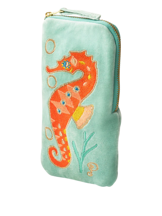 Powder Velvet Embroidered Spectacle Pouch with Sparkling Seahorse