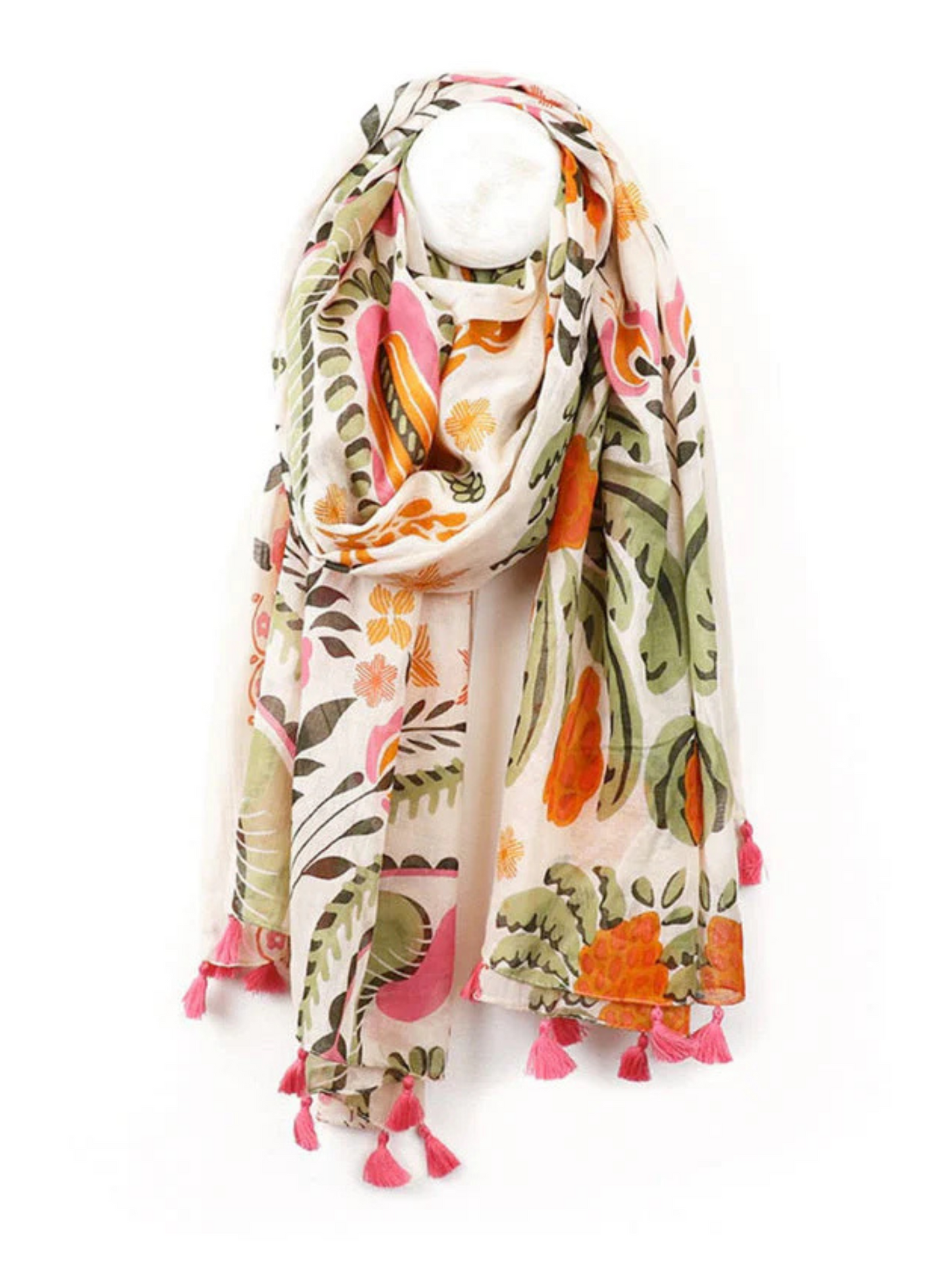 Pom Ecru Green Orange Organic Cotton Folksy Floral Scarf