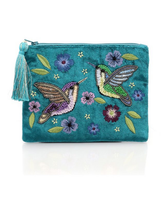 Pom Teal Velvet Pouch with Hummingbird Embroidery Cosmetic Bag copy