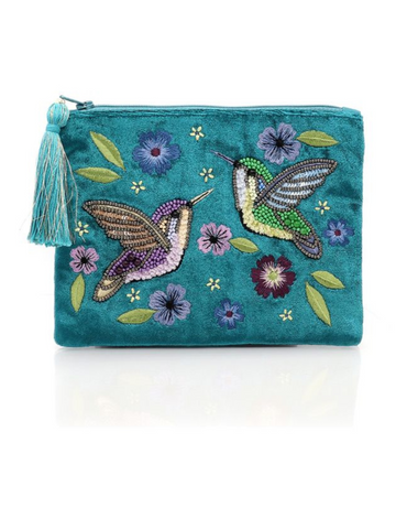 Pom Teal Velvet Pouch with Hummingbird Embroidery Cosmetic Bag copy