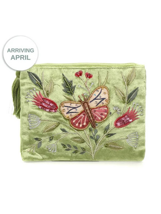Pom Green Velvet Zip Pouch with Large Butterfly Embroidery Cosmetic Bag