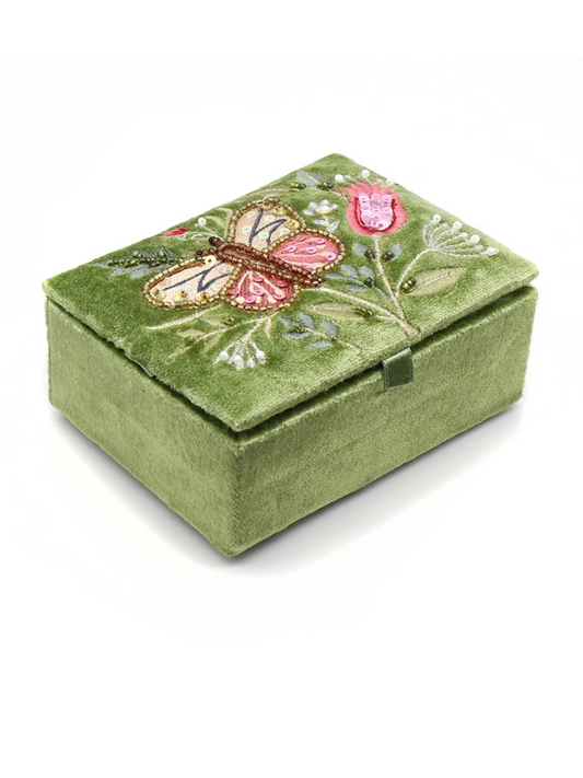 Pom Green Embroidered Velvet Small Jewellery Box With Large Butterfly Embroidery