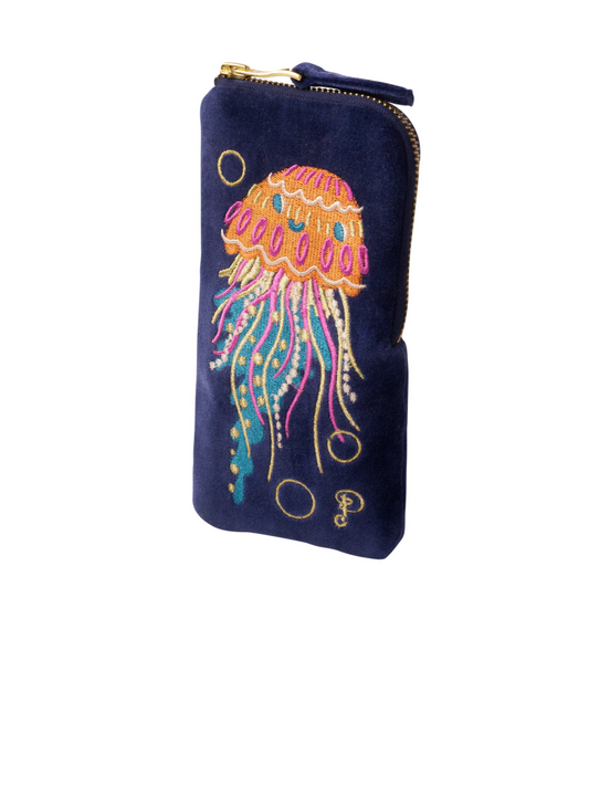 Powder Velvet Embroidered Spectacle Pouch with Jelly Fish Design