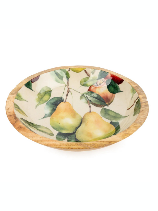 Candlelight Mango Wood Enamel Inlay Bowl with Apples and Pears