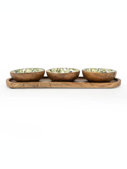 Candlelight set of 3 mango wood dipping bowls Olives