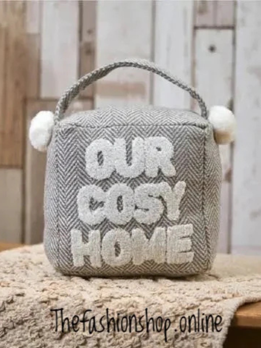Cosy Home Door Stop in Grey Herringbone Fabric with Cute Pom Poms